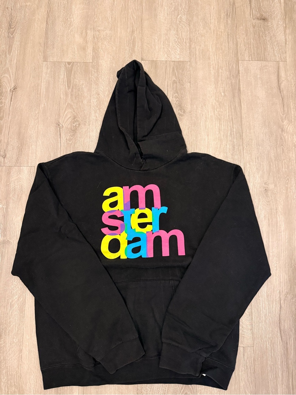 Black Amsterdam Graphic Hoodie with Multi-Color Lettering